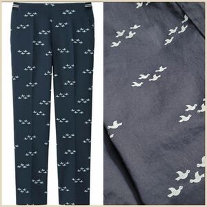 Sz XL Uniqlo WMNS Satin Ankle Pant Block Repeat Pattern of Birds Blue White
